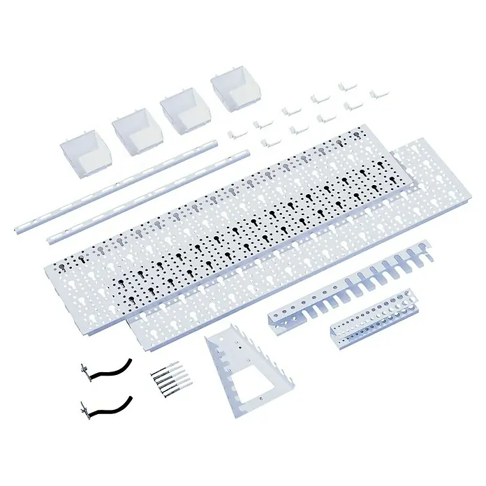 Element System Classic Lochwand-Set Organizer 2 - 2 x Stahllochplatten 80 x 20 cm, 2 x Wandschienen 50 cm, 19 verschiedene Werkzeughalter und Boxen, Montagematerial, 29 -tlg. - Das Bild zeigt ein vielseitiges Werkzeugwand-Set mit Lochplatten, Behältern, Halterungen und Zubehör zur optimalen Werkzeugorganisation.