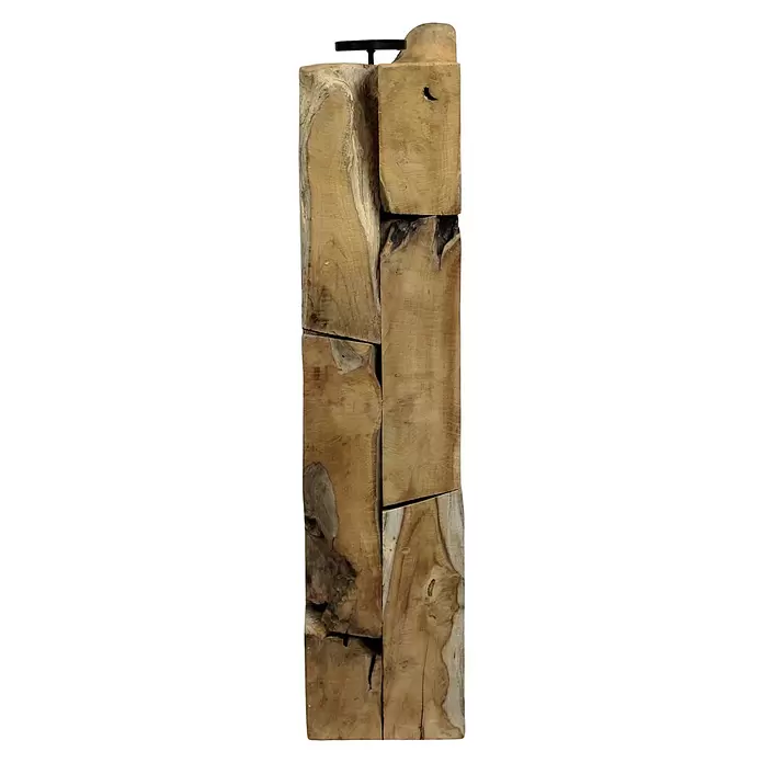 Kerzenständer Erosion - 18 x 18 x 78 cm, Holz, Braun - Hoher, rustikaler Holz-Kerzenhalter aus gestapelten Naturholzblöcken mit schwarzer Metallplatte.