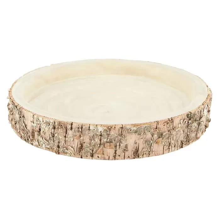 Tablett - Ø x H: 28 x 4 cm, Holz, Natur - Rundes Holzschälchen mit natürlichem Rindenrand und hellem Holzinneren.