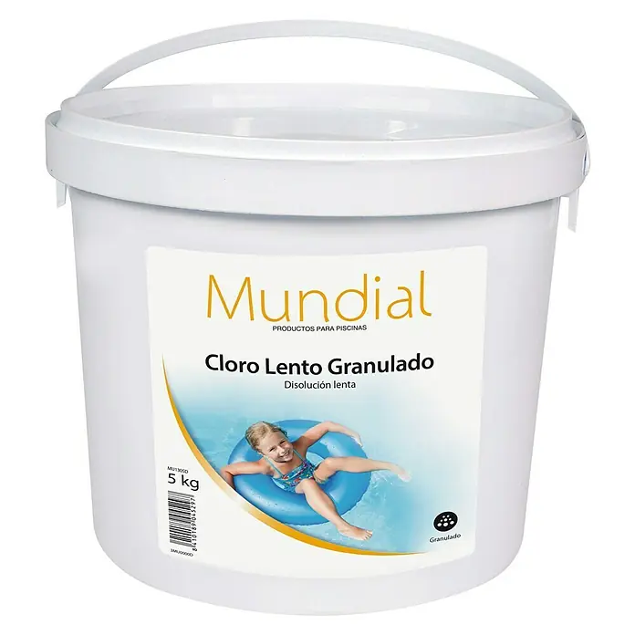 Mundial Cloro granulado de larga duración - 5 kg - Envase de 5 kg de cloro granulado de disolución lenta Mundial para piscinas. Ideal para desinfectar y mantener el agua.