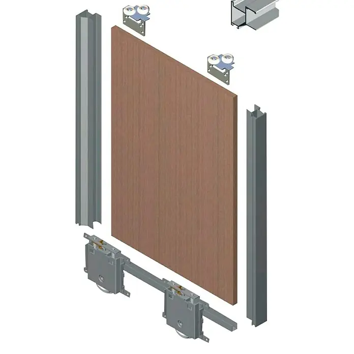 Adinor Herraje para puerta corredera de armario RT16 - Largo: 250 cm, Blanco - Vista explosionada de un sistema de puerta corredera con hoja de madera, herrajes y rieles guía. Representación detallada de los componentes.