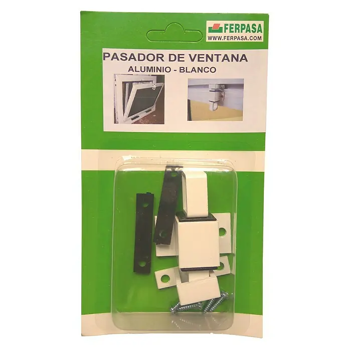 Cierre de seguridad para ventanas - Blanco - Un primer plano de un pasador de ventana de aluminio, empaquetado en un soporte verde con tornillos.