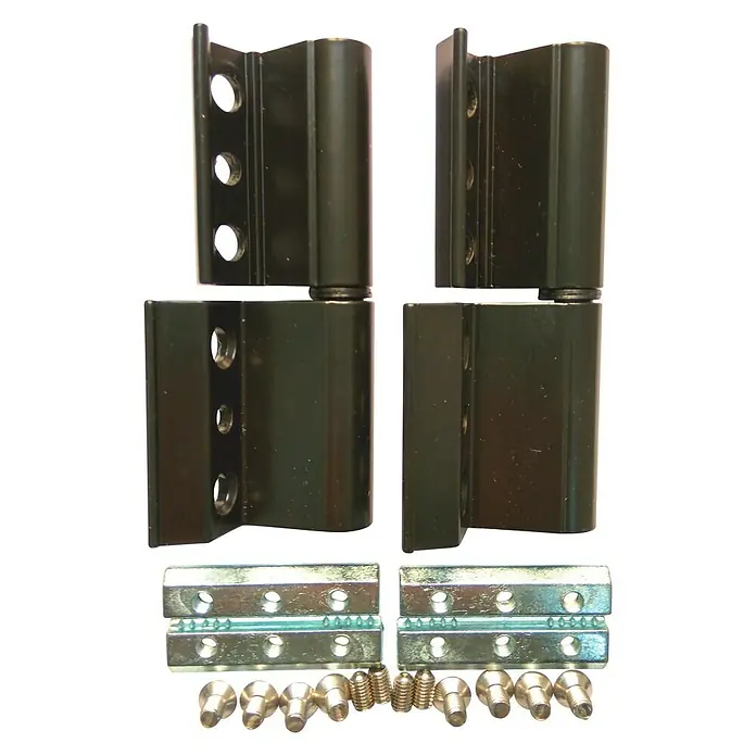 Bisagra Europea - 100 x 48 x 20 mm, Negro, 2 ud. - Un juego de bisagras negras para puertas con placas de montaje y tornillos plateados, ideal para una instalación segura y elegante.