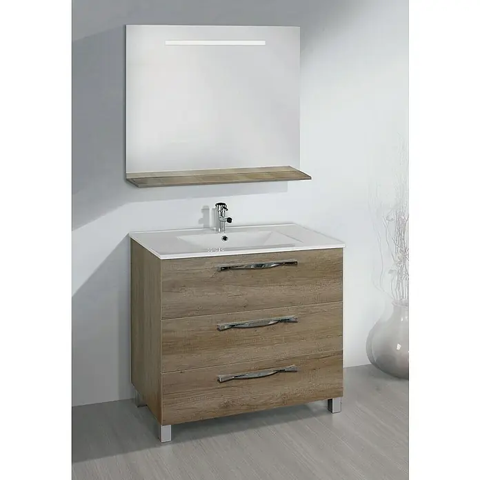 Artysan Mueble bajo de lavabo Tree - 46 x 80 x 85 cm, Nature - Un tocador moderno con textura de madera y tres cajones bajo un espejo con estante ofrece un diseño de baño elegante.