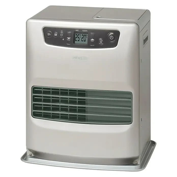 Toyotomi Estufa de parafina LC-32 - 0,8 kW - 3,2 kW, Plata, Volumen del depósito: 5,4 l - Imagen de un calentador de queroseno electrónico con panel de control digital y rejilla de emisión de calor.