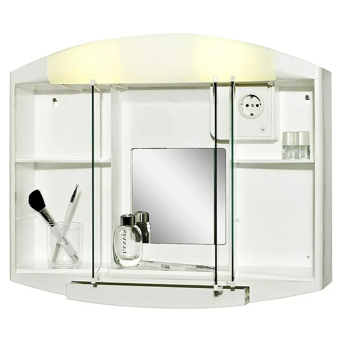 Jokey Spiegelschrank Elda - B x H: 59 x 49 cm, Weiß - Aufnahme eines weißen Spiegelschranks mit Beleuchtung, Steckdose und diversen Utensilien für Bad und Kosmetik.