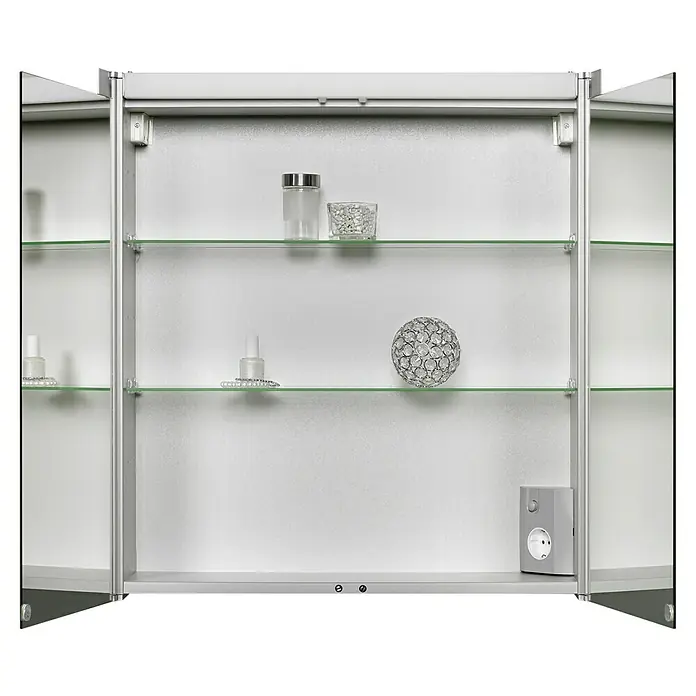 Jokey Spiegelschrank Tromsö - B x H: 63 x 69 cm, Holz, Aluminium - Ein offener Spiegelschrank mit Glasböden und verschiedenen Deko-Artikeln. Der Schrank bietet viel Stauraum und ist gut beleuchtet.