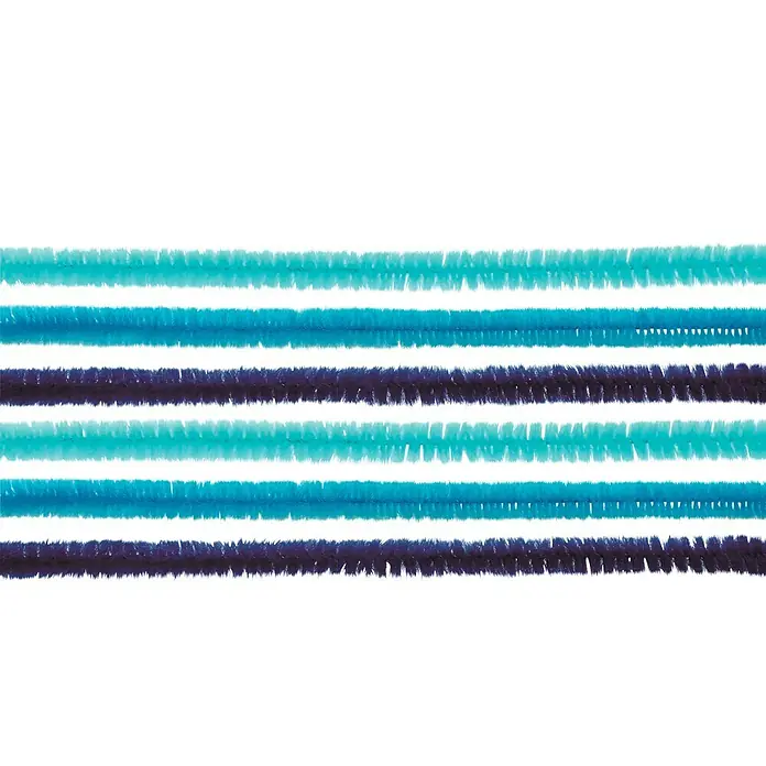 Glorex Biegeplüsch Mix I - Blau, 50 cm, 10 Stk. - Nahaufnahme von blauen und lilafarbenen Bastelpfeifenreinigern, die in horizontalen Streifen aufgereiht sind, ideal für kreative Projekte.