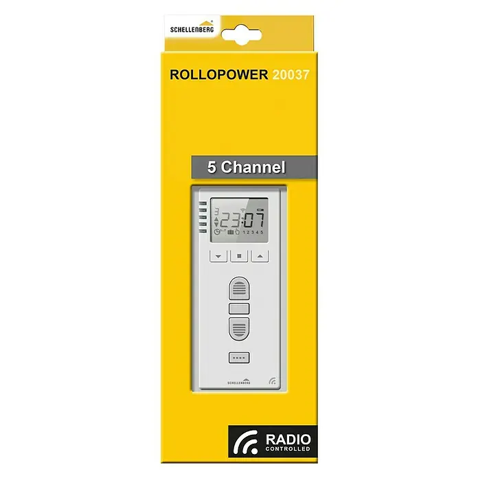 Schellenberg Temporizador Premium - L x An x Al: 28,5 x 11 x 5,5 cm, Blanco, En pared - Embalaje del producto para Schellenberg RolloPower 20037, un temporizador de control de radio de 5 canales para controlar persianas y persianas.