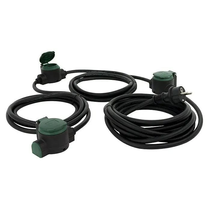 REV Verlängerungskabel - 10 m, Grün / Schwarz, IP44, H07RN-F - Dreifache Outdoor-Verlängerungskabel mit Schutzkontaktstecker für den Gartenbereich. Ideal für Geräte im Freien, wasserfest.