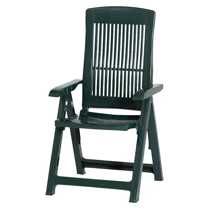 Progarden Gartenstuhl Tampa - Klappbar, Grün, B x T x H: 61 x 60 x 109 cm - Ein grüner Gartenstuhl aus Kunststoff mit Armlehnen und vertikalen Streben in der Rückenlehne, ideal für den Außenbereich.