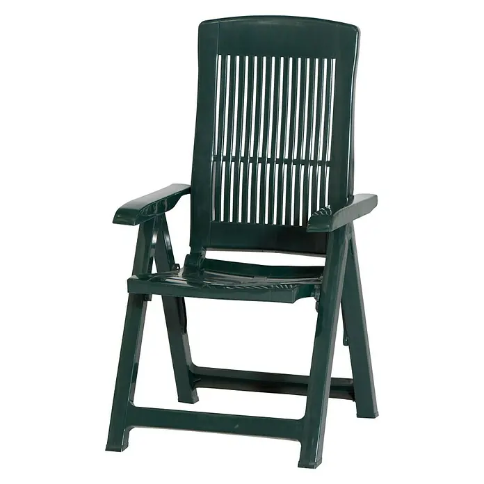 Progarden Gartenstuhl Tampa - Klappbar, Grün, B x T x H: 61 x 60 x 109 cm - Ein grüner Gartenstuhl aus Kunststoff mit Armlehnen und vertikalen Streben in der Rückenlehne, ideal für den Außenbereich.