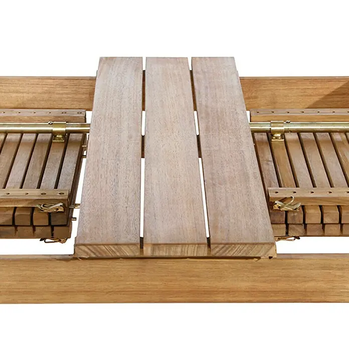Siena Garden Falun Gartentisch - L x B x H: 150 x 100 x 74 cm, Akazie, Rechteckig, Natur - Nahaufnahme eines Teakholztisches mit Auszugsplatten, der hochwertige und flexible Sitzgelegenheiten im Freien bietet.