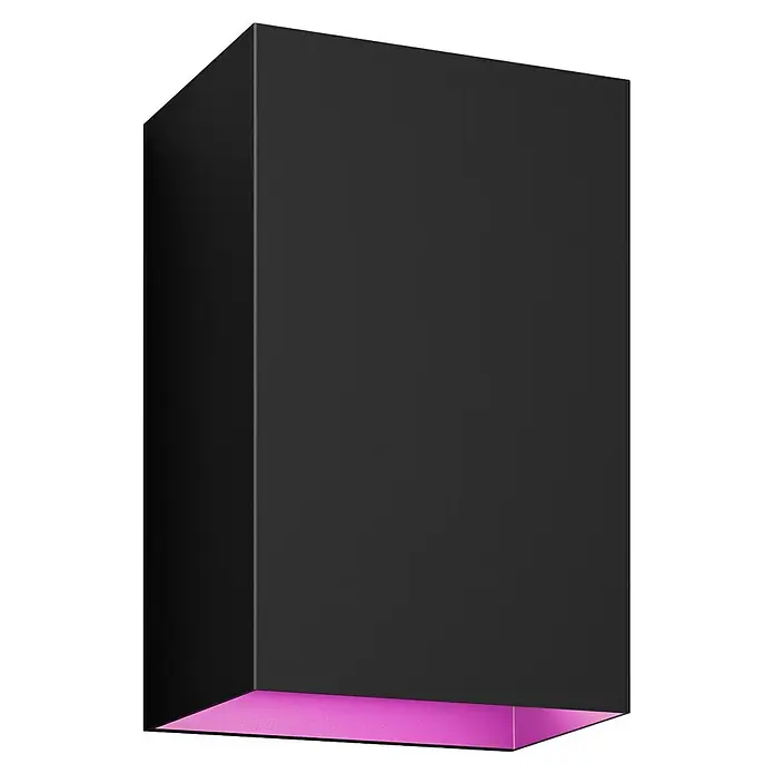 Philips Hue LED-Außenwandleuchte White & Color Ambiance Resonate Up & Down - 16 W, 9,3 x 12 x 18 cm, Schwarz, IP44 - Schwarzer Produktkarton mit pinkfarbener Basis, ideal für Präsentationen. Elegantes Design für hochwertige Produkte, das die Aufmerksamkeit auf sich zieht.