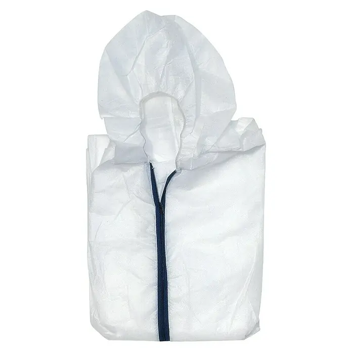 Einweg-Overall - XL, Polypropylen, Weiß - Schutzanzug: Weißer Einweg-Schutzanzug mit Kapuze und blauem Reißverschluss für den Schutz vor Kontaminationen.