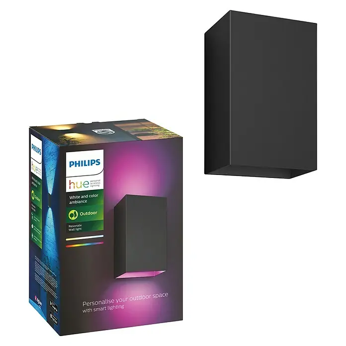 Philips Hue LED-Außenwandleuchte White & Color Ambiance Resonate Up & Down - 16 W, 9,3 x 12 x 18 cm, Schwarz, IP44 - Das Bild zeigt die Philips Hue Resonate Wandleuchte für den Außenbereich und ihre Verpackung.
