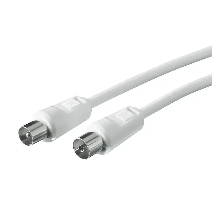 Schwaiger Antennen-Anschlusskabel - 15 m, Weiß, 75 dB, IEC-Stecker, IEC-Buchse, 32er-Aluminium-Geflecht - Bild eines weißen Koaxialkabels mit zwei F-Steckern an beiden Enden, verwendet für die Übertragung von TV- und Satellitensignalen.