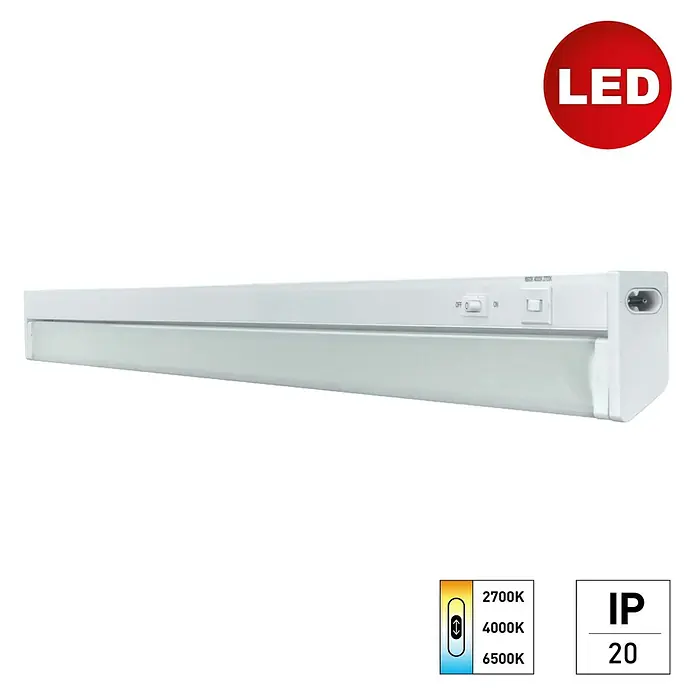 E2 elektro LED-Lichtleiste Swing M - L x B x H: 856 x 24 x 61 mm, Schwenkbar, 12 W, 1 Stk., 12 W - Nahaufnahme einer LED-Unterbauleuchte mit Schalter, Farbtemperaturregelung und IP20-Schutzart.