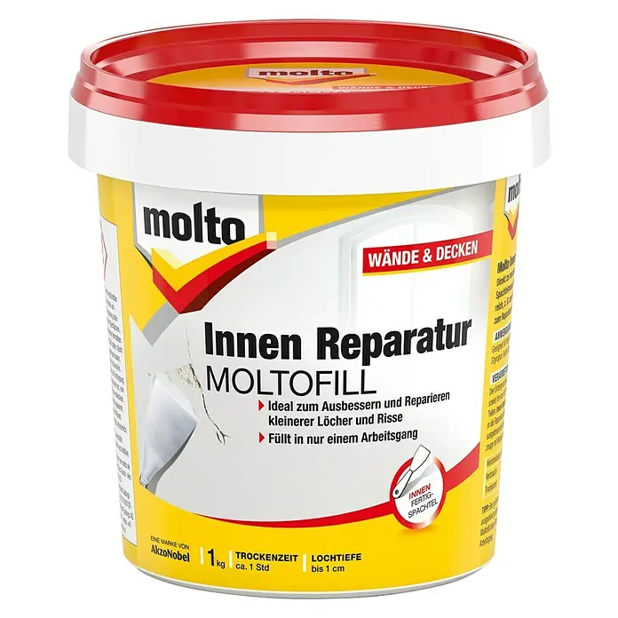 Molto Fertigspachtel Reparatur Moltofill - 1 kg, Dose - Eimer Molto Innen Reparatur Moltofill, eine gebrauchsfertige Spachtelmasse zur Reparatur kleinerer Löcher und Risse im Innenbereich.