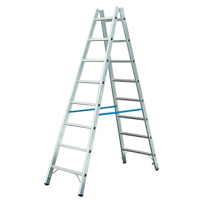 Krause Stabilo Doppelleiter - Anzahl Tritte: 16 Stk., Arbeitshöhe: 3,55 m, Aluminium - Eine silbergraue, freistehende Krause-Leiter mit Sprossen und blauen Verstrebungen. Perfekt für diverse Arbeiten in Haus und Garten.