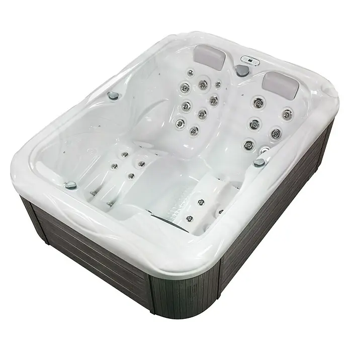 Camargue Außen-Whirlpool Mars - 213 x 160 x 75 cm, Grau/Weiß, Max. Personenzahl: 3 - Ein luxuriöser Whirlpool mit grauer Holzverkleidung und weißen Sitzen, perfekt für Entspannung und Wellness zu Hause.