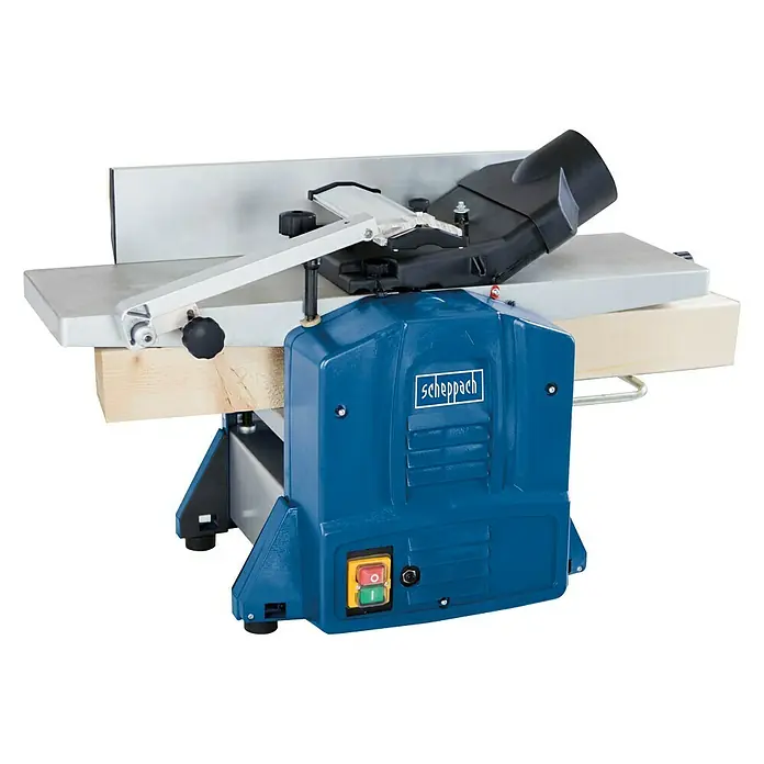 Scheppach Hobelmaschine HMS 850 - 1.250 W - Das Bild zeigt eine Scheppach Hobelmaschine mit einem Werkstück darauf. Die Maschine ist blau und silbern.
