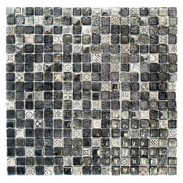Mosaikfliese Quadrat Crystal Mix XCM ZEUS - 30 x 30 cm, Schwarz/Grau/Weiß, Glänzend - Schwarze Glasmosaikfliese mit Mustern. Ideal für stilvolle Wand- und Bodengestaltung im Innenbereich.