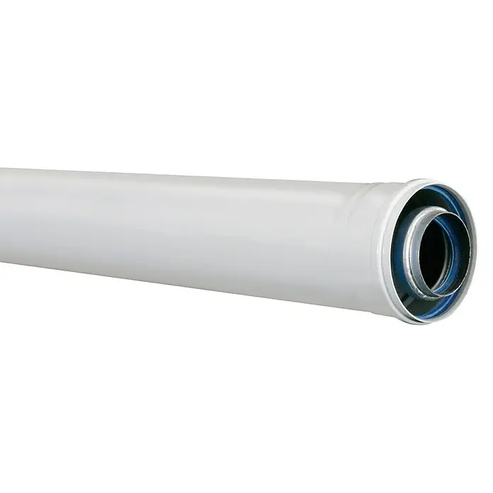 Tubo coaxial M-H - Diámetro: 60.100 mm, 100 cm - Tubo de humos blanco con anillo de sellado azul en el extremo, aislado, diseñado para sistemas de calefacción.