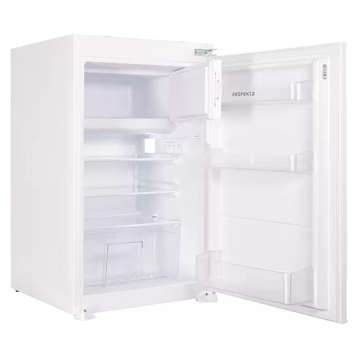 Respekta Einbaukühlschrank KS88.44-10 - Nutzinhalt Gesamt: 112 l, 54,5 x 54 x 87,5 cm, Weiß - Weißer Kompaktkühlschrank mit offener Tür, der Innenablagen, ein kleines Gefrierfach und Türablagen zeigt.