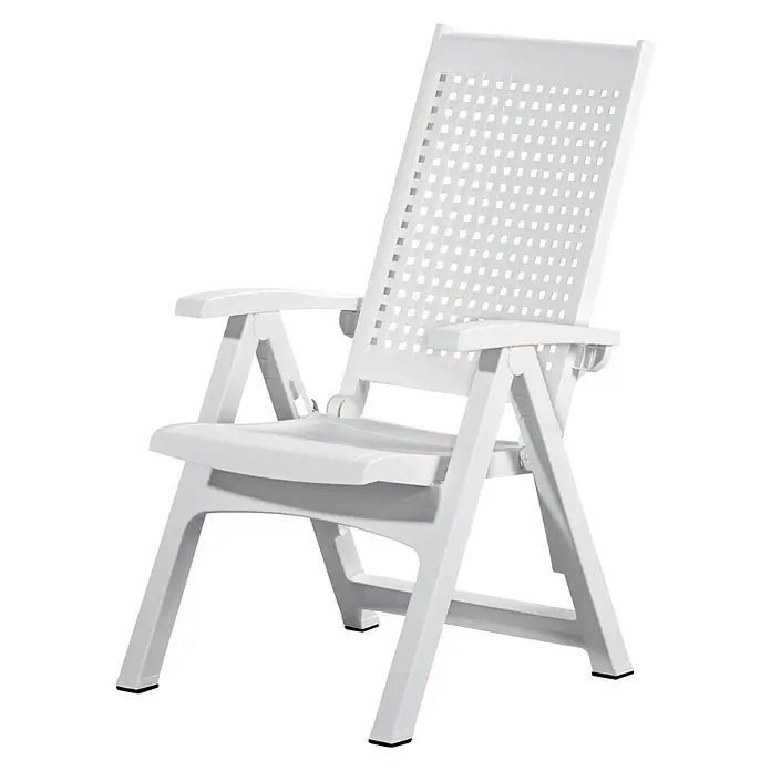 Sillón de posiciones Cannes - 65 x 63 x 108 cm, Polipropileno, Respaldo regulable, Blanco - Imagen de una silla plegable de plástico blanca con reposabrazos y respaldo perforado, ideal para uso exterior.