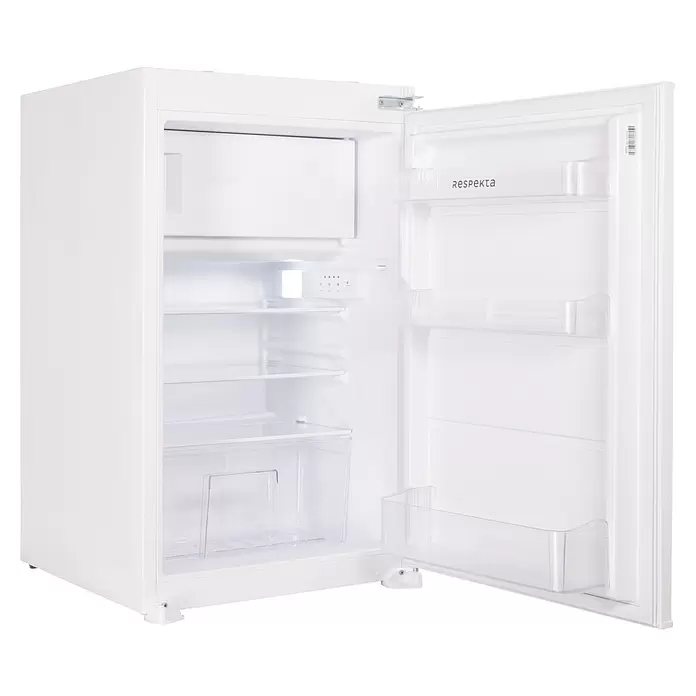 Respekta Einbaukühlschrank KS88.44-10 - Nutzinhalt Gesamt: 112 l, 54,5 x 54 x 87,5 cm, Weiß - Weißer Kompaktkühlschrank mit geöffneter Tür, der transparente Ablagen und Fächer im Inneren zeigt.