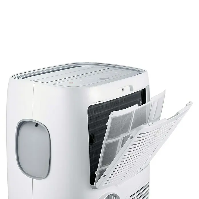 TCL Mobiles Klimagerät Kühlen/Heizen TAC-12CHPB/KA - 3,2 kW, Raumgröße: 29 m², Weiß - Nahaufnahme einer tragbaren Klimaanlage mit offenem Luftfilter, der die interne Kühlspule zeigt.\n