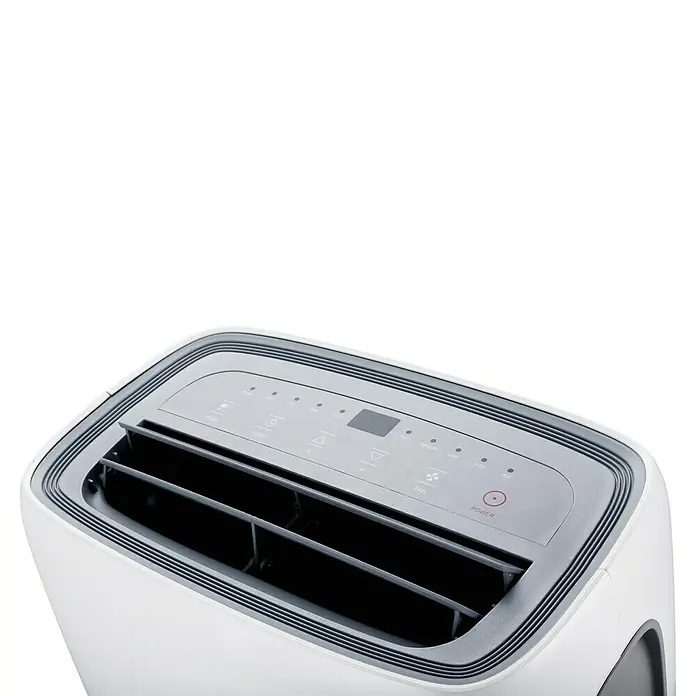 TCL Aire acondicionado portátil TCL12 - 3,2 kW, Tamaño de la estancia: 29 m², Blanco - Primer plano de un deshumidificador portátil blanco con panel de control táctil y rejilla de salida de aire.