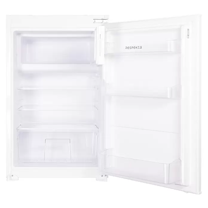 Respekta Einbaukühlschrank KS88.44-10 - Nutzinhalt Gesamt: 112 l, 54,5 x 54 x 87,5 cm, Weiß - Offener weißer Kühlschrank mit leerem Innenraum, Regalen und Gemüsefach. Mit „RESPEKTA“-Logo.