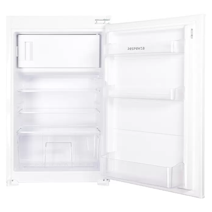 Respekta Einbaukühlschrank KS88.44-10 - Nutzinhalt Gesamt: 112 l, 54,5 x 54 x 87,5 cm, Weiß - Offener weißer Kühlschrank mit Innenregalen und Türfächern.