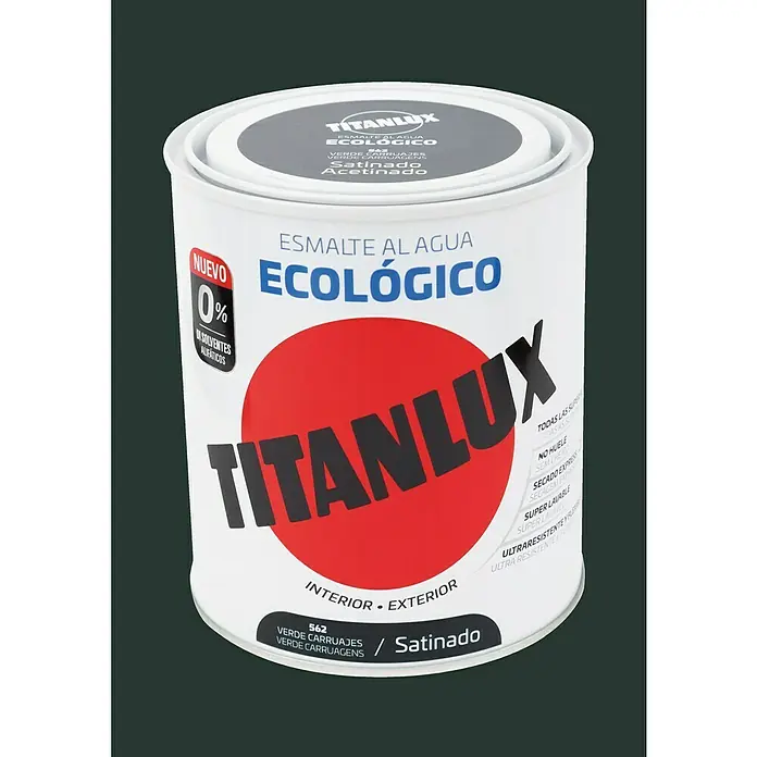 Titanlux Esmalte de color Eco - Verde carruajes, Satinado, 750 ml, Base de agua - Bote de esmalte al agua ecológico Titanlux, color 562 verde, acabado satinado, para interior y exterior, ideal para pinturas respetuosas.