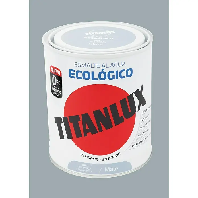 Titanlux Esmalte de color Eco - Gris perla, Mate, 750 ml, Base de agua - La imagen muestra una lata de Esmalte Aqua Ecológico de Titanlux en gris perla, una pintura ecológica al agua para interiores y exteriores.