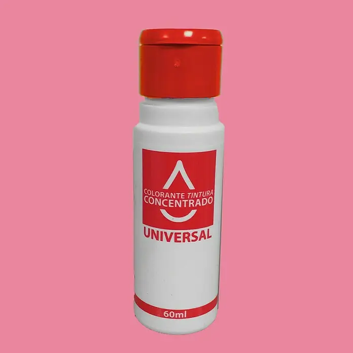 Colorante Concentrado universal - Rojo, 60 ml - Imagen de una botella de 60 ml de concentrado de tinte de color universal, con un tapón rojo, sobre un fondo rosa.