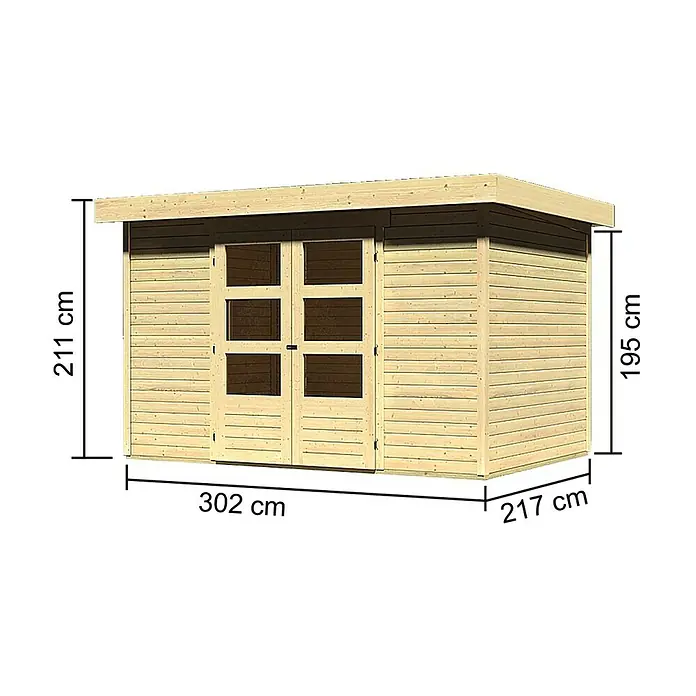 Karibu Gartenhaus Askola - Außenmaß inkl. Dachüberstand (B x T): 330 x 238 cm, Holz, Natur - Ansicht eines Holzgartenschuppens mit den Maßen 302 cm x 217 cm. Die Höhe beträgt 211 cm an der Vorderseite und 195 cm an der Rückseite.