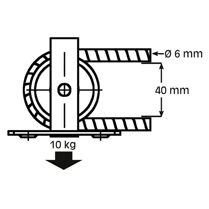 HBS Betz Seilrolle - Typ: Stehrolle, Grauguss, Traglast: 10 kg, Durchmesser: 40 mm, 2 Stk. - Zeichnung eines Schiebetürrollers mit den Maßen Ø 6 mm und 40 mm, belastbar bis 10 kg.