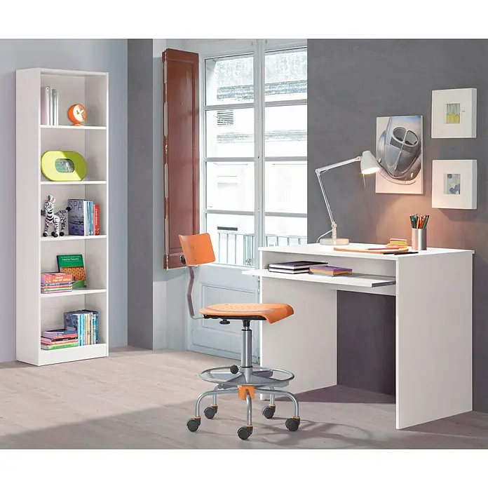 Escritorio con estantería IJoy - Blanco, 2 pzs. - Estudio luminoso con escritorio blanco, silla giratoria naranja y estantería, perfecto para niños y adolescentes.