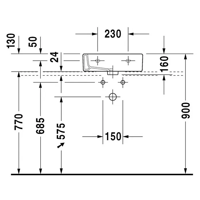 Duravit Vero Waschbecken Typ 1 - 45 x 35 cm, Mit schmutzabweisender Glasur, Hahnloch: Mitte, Mit Überlauf, Weiß, Ungeschliffen - Technische Zeichnung eines Waschbeckens mit Maßangaben für Installation und Design, ideal für Badplanung.