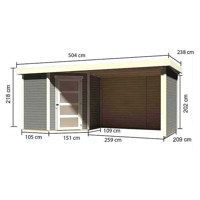 Karibu Gartenhaus Schwandorf 3 - Außenmaß inkl. Dachüberstand (B x T): 504,5 x 238 cm, Holz, Terragrau, Mit Anbaudach, Seiten- und Rückwand - Abbildung eines Holzschuppens mit den Maßen 504 cm Länge, 238 cm Tiefe und 218 cm Höhe.