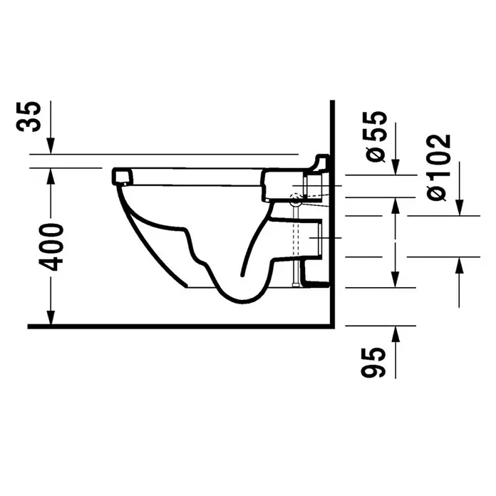 Duravit Starck 3 Wand-WC Typ 1 - Mit Spülrand, Ohne Spezialglasur, Spülform: Tief, WC Abgang: Waagerecht, Weiß - Technische Zeichnung einer wandhängenden Toilette mit Bemaßungen zur Installation. Die Maße helfen bei der korrekten Montage.