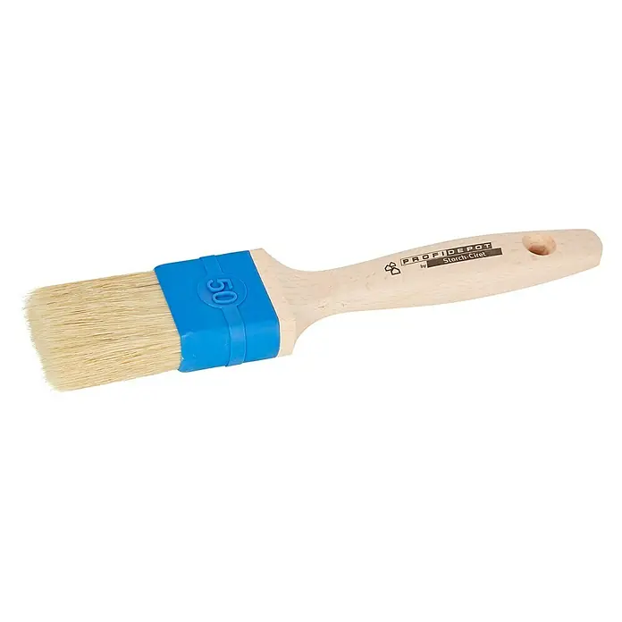 Profi Depot by Storch-Ciret Flachpinsel - Breite Borsten: 50 mm, Mischborsten, Holz - Ein Detailbild eines Profidepot Storch-Ciret Flächenstreichers mit einem Holzgriff und blauer Halterung. Perfekt für präzises Auftragen.