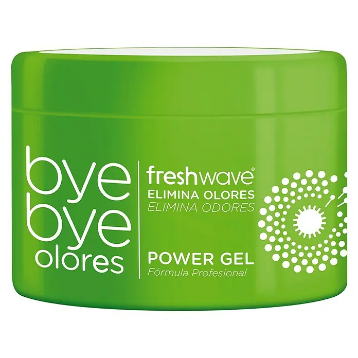 Limpiador de superficies gel neutralizador de olores Frash wave - 400 g - Un neutralizador de olores Freshwave Power Gel verde, diseñado para eliminar los olores domésticos no deseados, con letras blancas y un diseño estilizado de diente de león.
