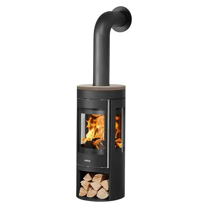Justus Kaminofen Mino Trios 2.0 - 5,5 kW, Raumheizvermögen: 88 m³, Farbe Verkleidung: Grappa, Schwarz - Ein moderner Justus Kaminofen mit Holzfach und Flammen, der Wärme und Atmosphäre in jeden Raum bringt. Ideal für gemütliche Stunden.