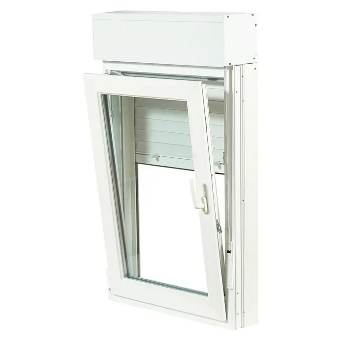 Solid Elements Ventana de PVC practicable-oscilobatiente - 70 x 118 cm, Izquierda, Blanco - Una ventana blanca con caja de persiana enrollable está parcialmente abierta, destacando el producto y su diseño.