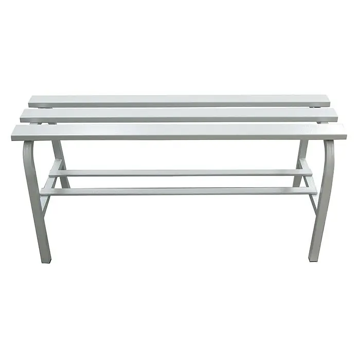 Simonrack Simonlocker Banco de vestuario Metal Montado - L x An x Al: 32 x 100 x 47,5 cm, Taller - Imagen de un zapatero blanco con listones para sentarse y guardar, ideal para el recibidor o el guardarropa.\n