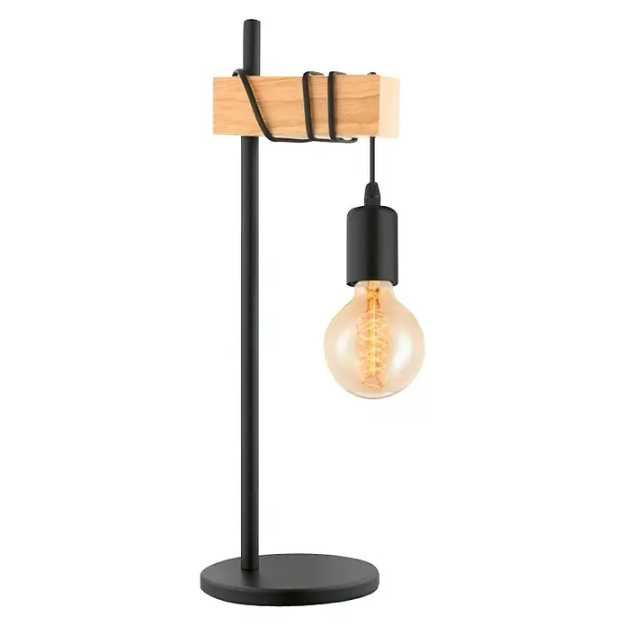 Eglo Townshend Tischleuchte - 10 W, L x B x H: 17,5 x 15,5 x 50 cm, Schwarz, Braun, E27 - Diese Tischleuchte verfügt über einen Lampenschirm in Kugelform und eine Halterung aus hellem Holz, die mit einer eleganten schwarzen Metallstruktur verbunden ist.